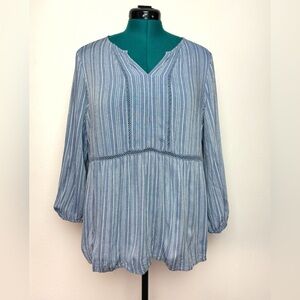 Fever Long Sleeve Blouse Woman Size Large Blue Lightweight Flowy Blouse Babydoll